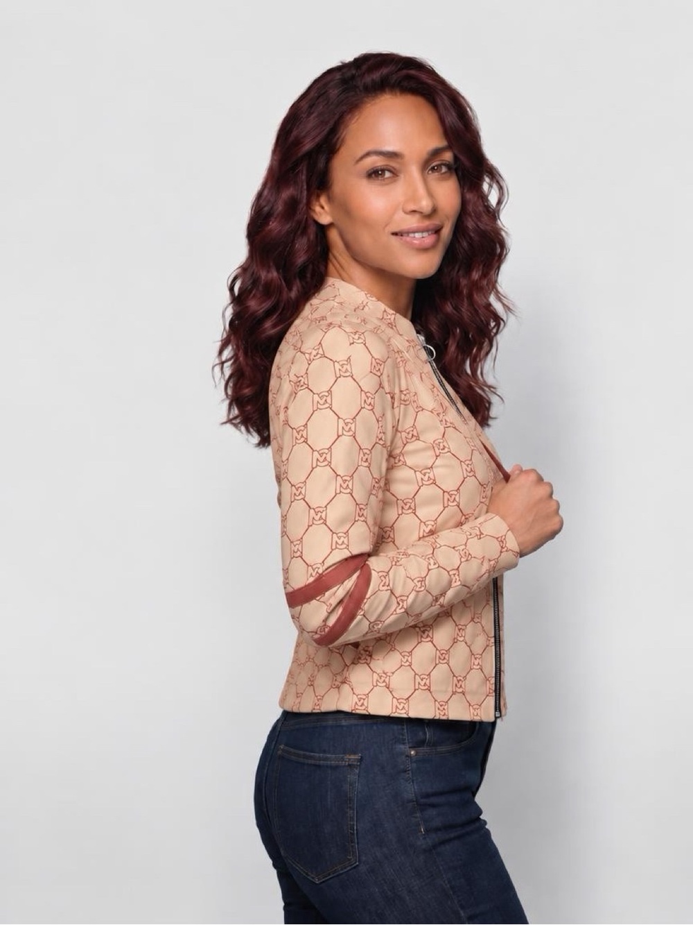 chic Beige Patterned sweater with Brown Trim